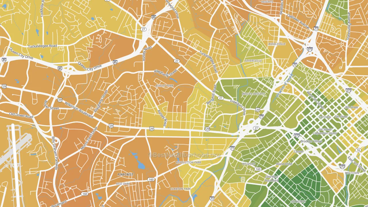 Map of the best neighborhoods in the Ashley Park, Charlotte area, with better matches in green and worse matches in red