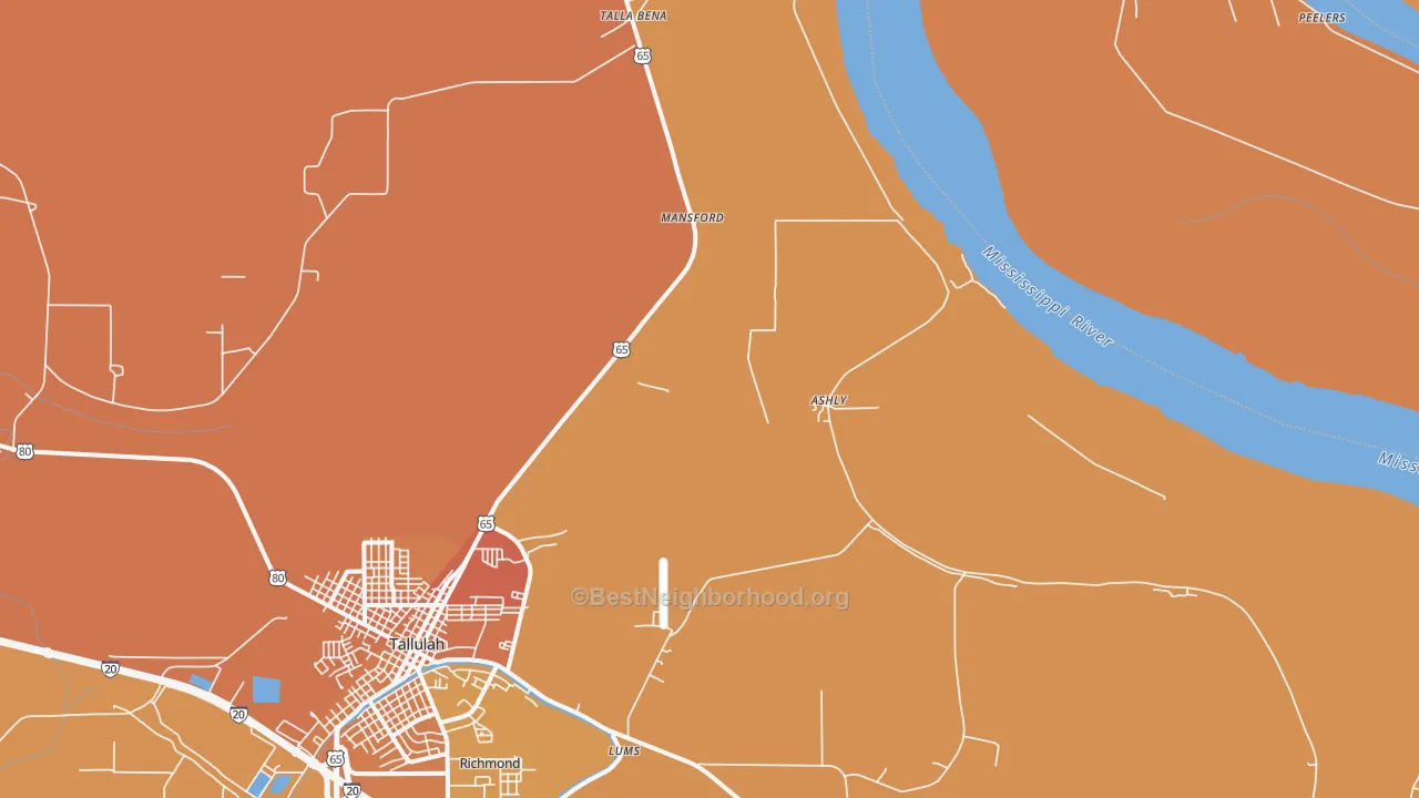 Map of the best neighborhoods in the Ashly area, with better matches in green and worse matches in red