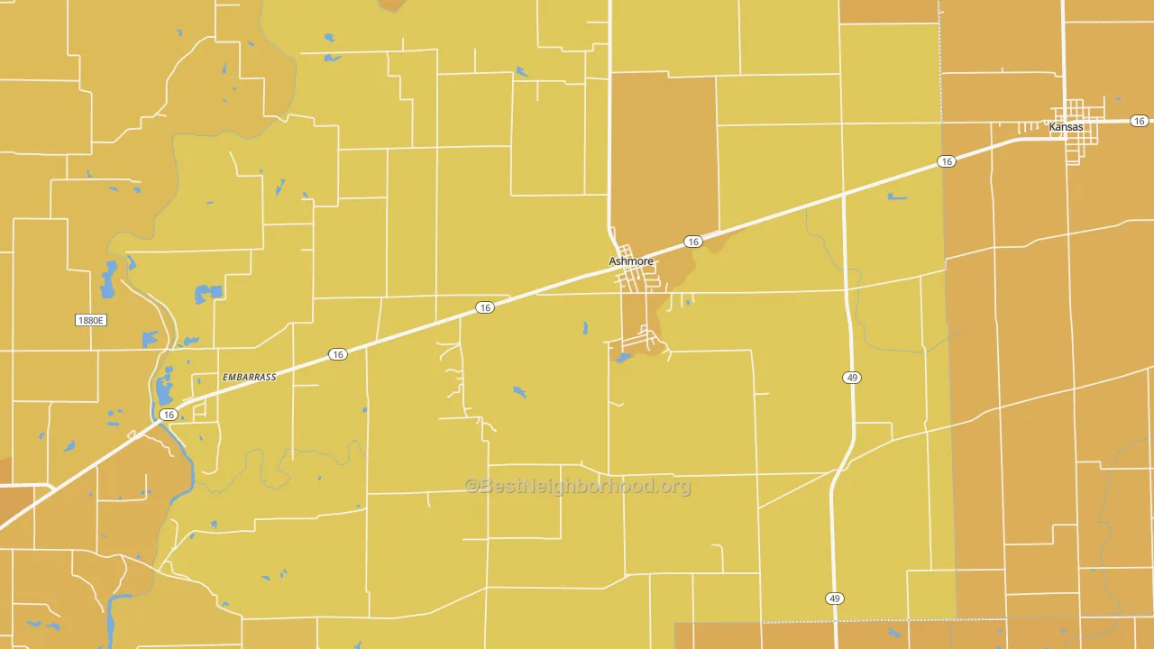 Map of the best neighborhoods in the Ashmore area, with better matches in green and worse matches in red