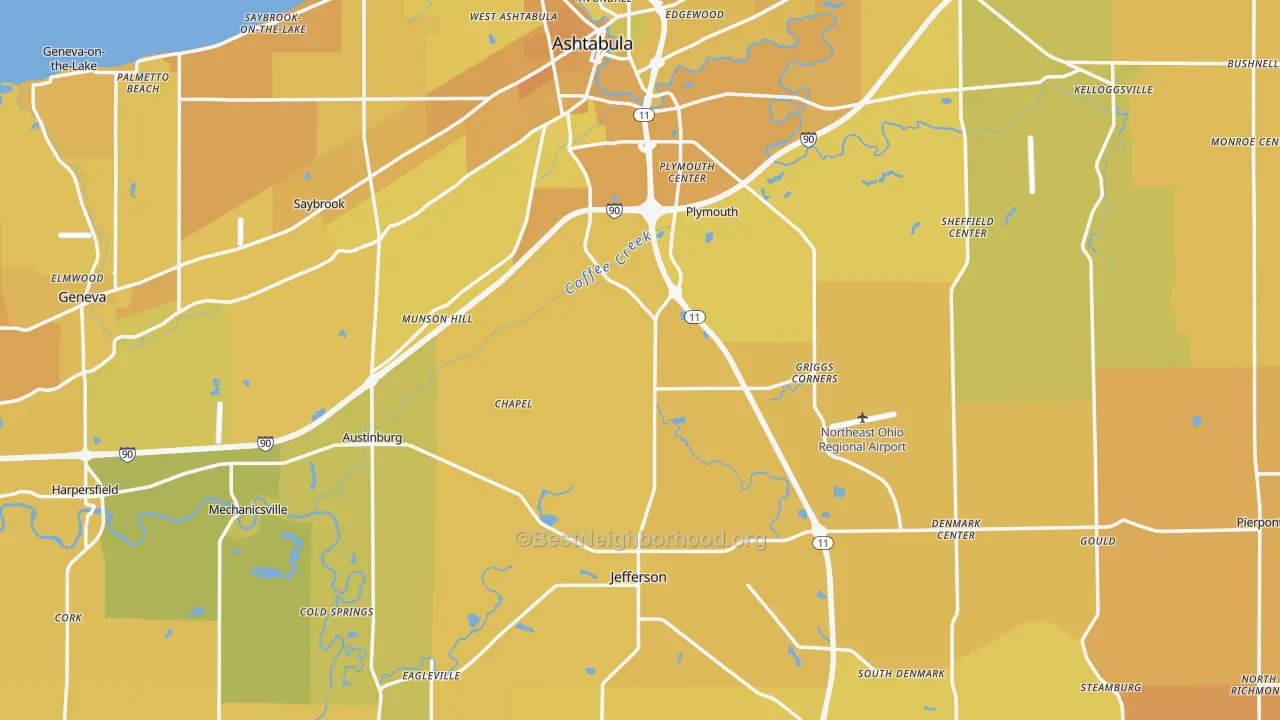 Map of the best neighborhoods in the Ashtabula County area, with better matches in green and worse matches in red