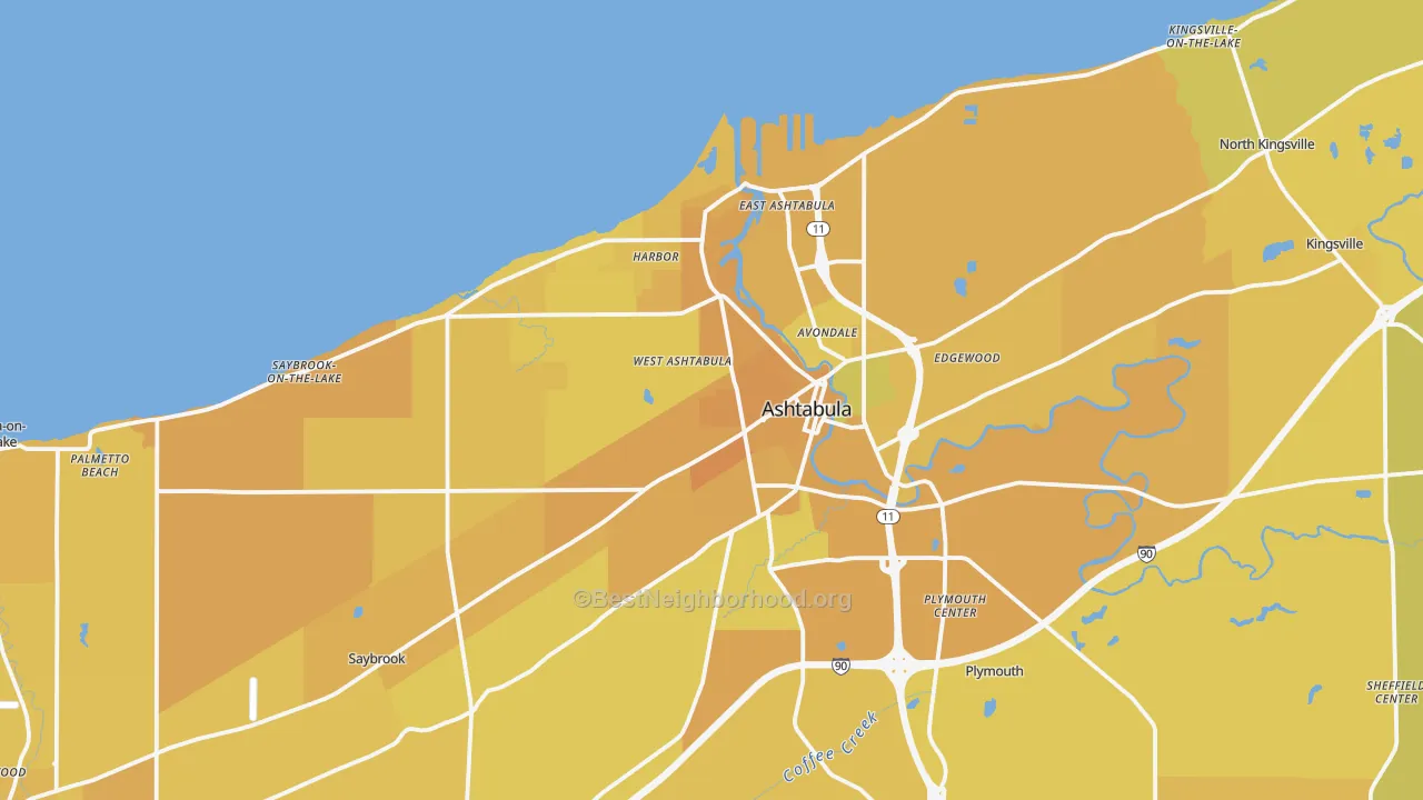 Map of the best neighborhoods in the Ashtabula area, with better matches in green and worse matches in red