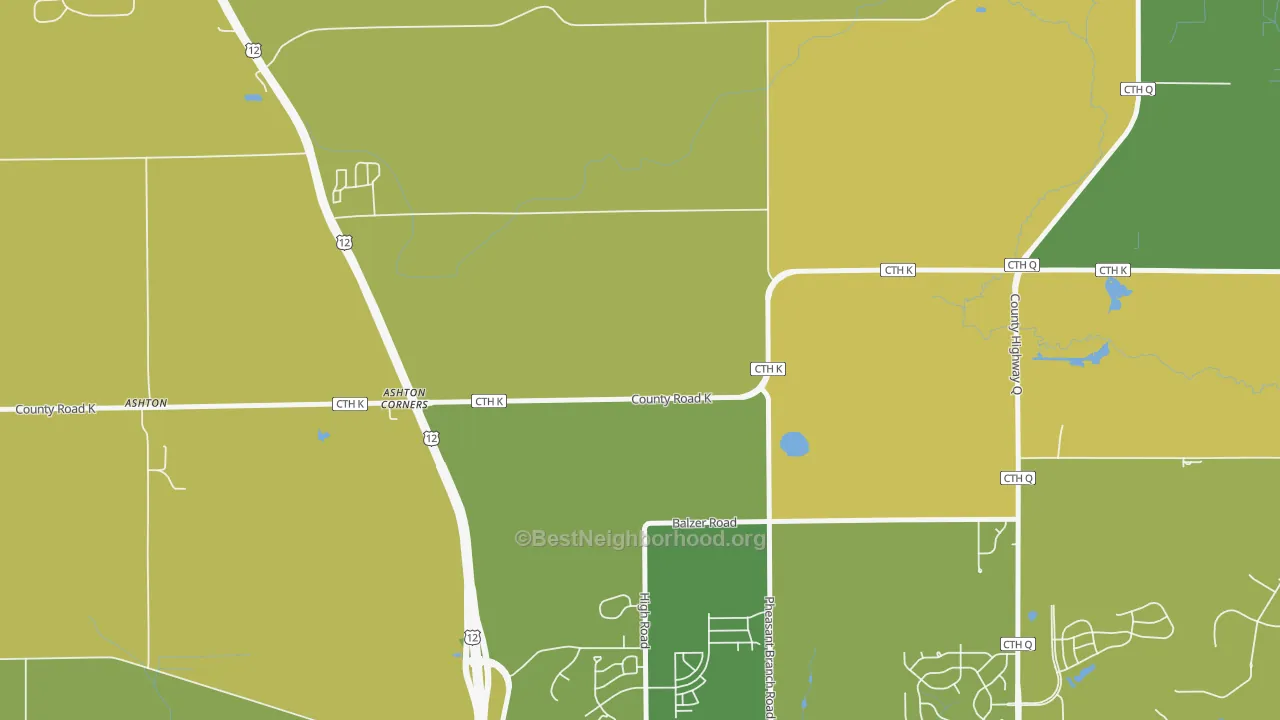 Map of the best neighborhoods in the Ashton Corners area, with better matches in green and worse matches in red