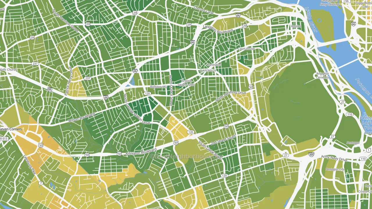Map of the best neighborhoods in the Ashton Heights, Arlington area, with better matches in green and worse matches in red