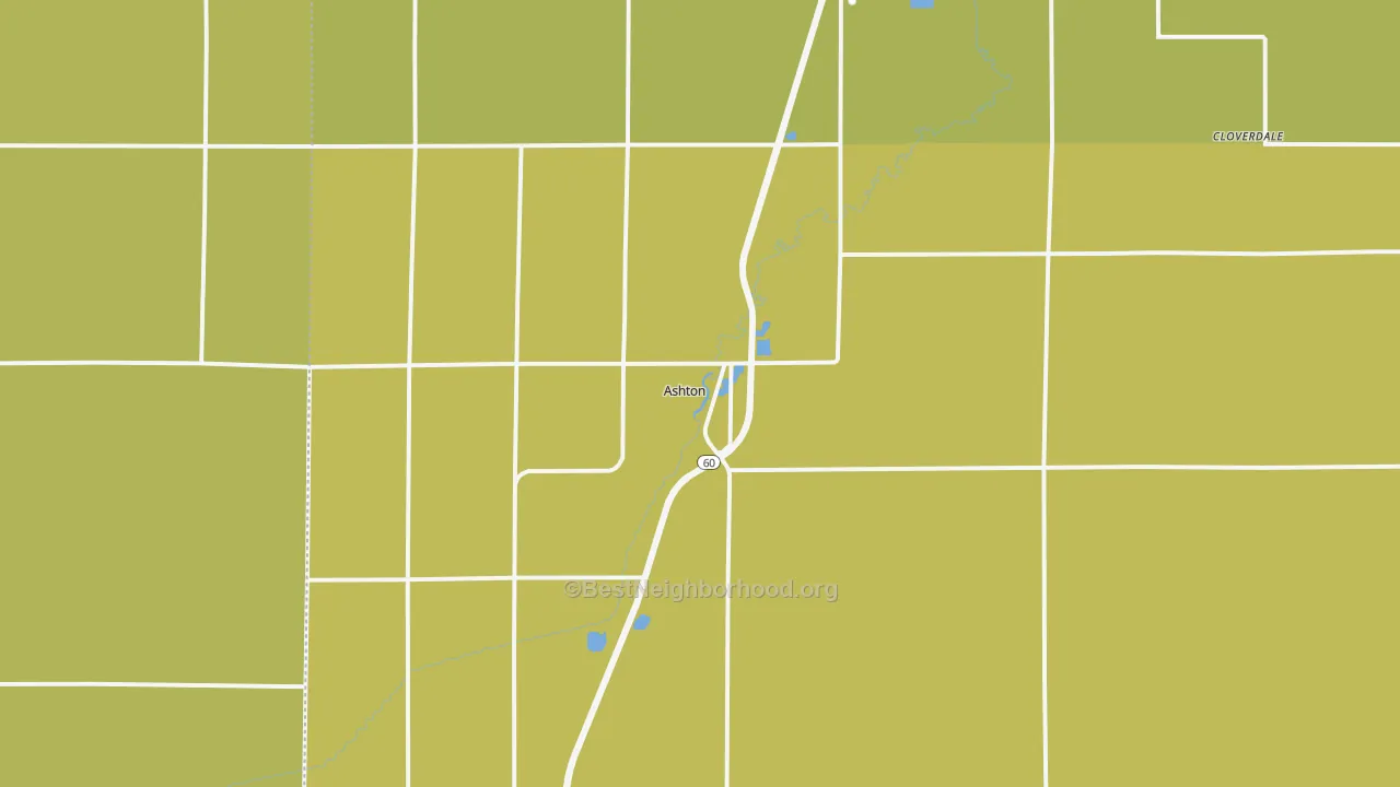 Map of the best neighborhoods in the Ashton area, with better matches in green and worse matches in red