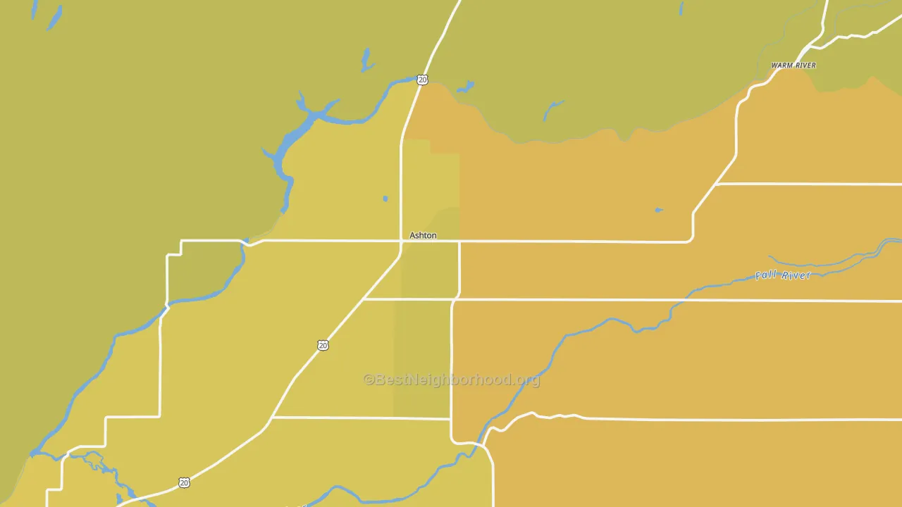Map of the best neighborhoods in the Ashton area, with better matches in green and worse matches in red