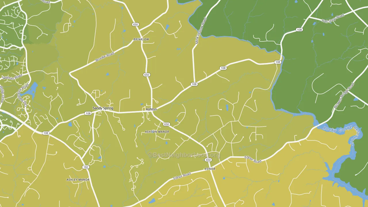 Map of the best neighborhoods in the Ashton area, with better matches in green and worse matches in red