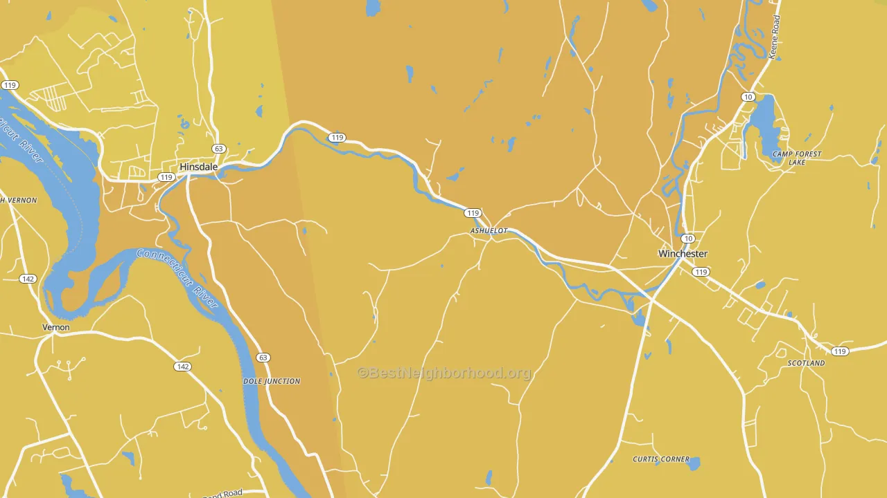Map of the best neighborhoods in the Ashuelot area, with better matches in green and worse matches in red