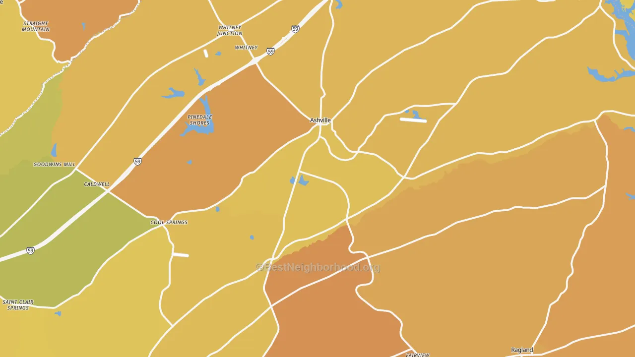 Map of the best neighborhoods in the Ashville area, with better matches in green and worse matches in red