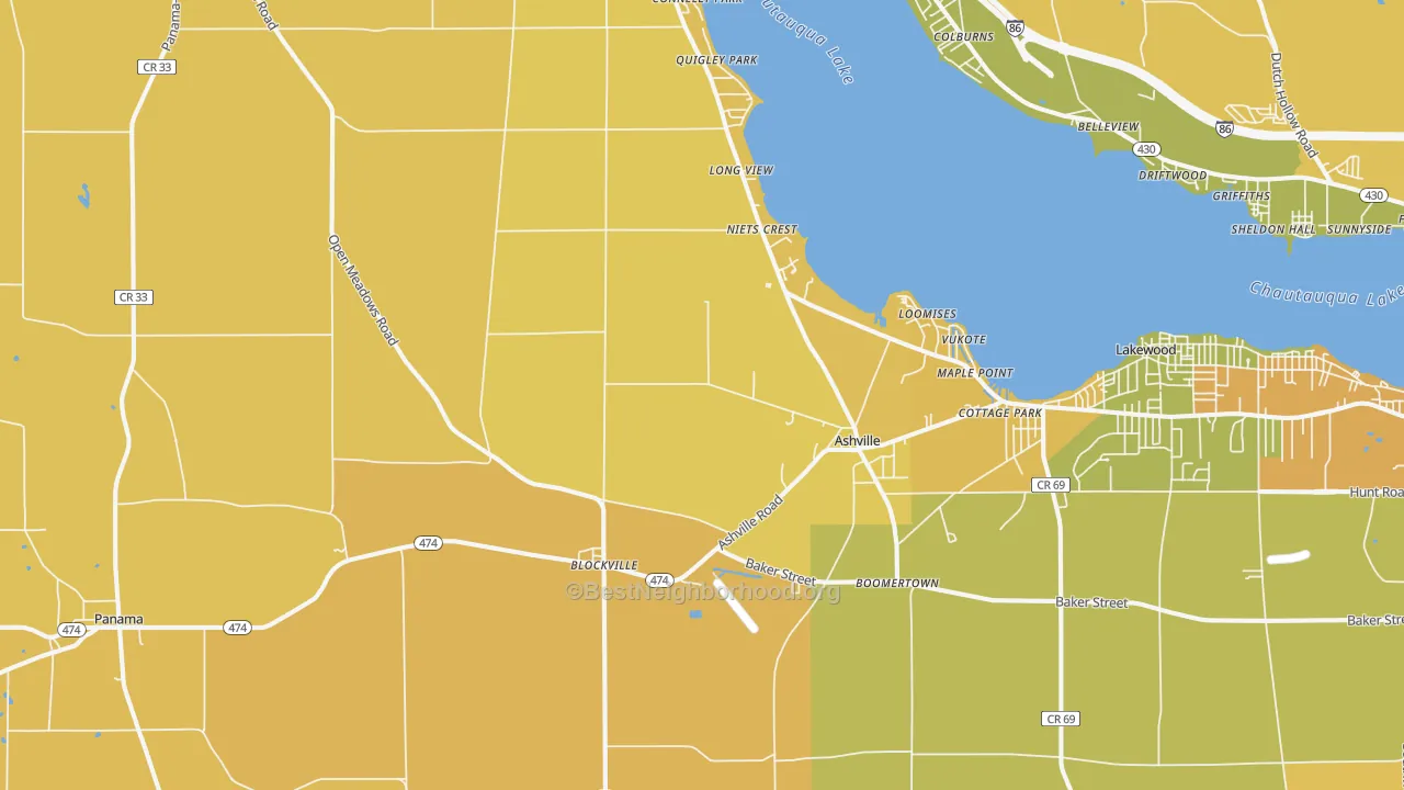 Map of the best neighborhoods in the Ashville area, with better matches in green and worse matches in red