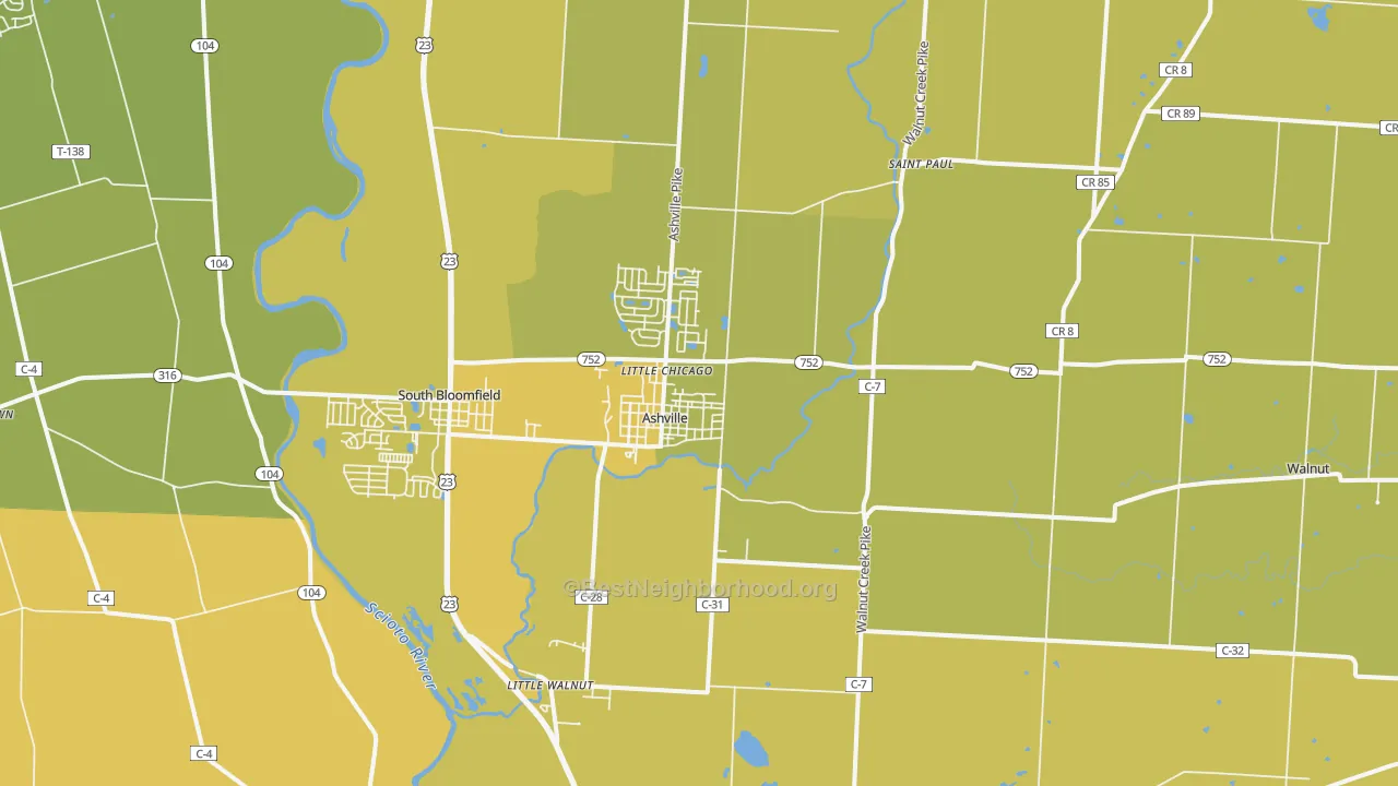 Map of the best neighborhoods in the Ashville area, with better matches in green and worse matches in red