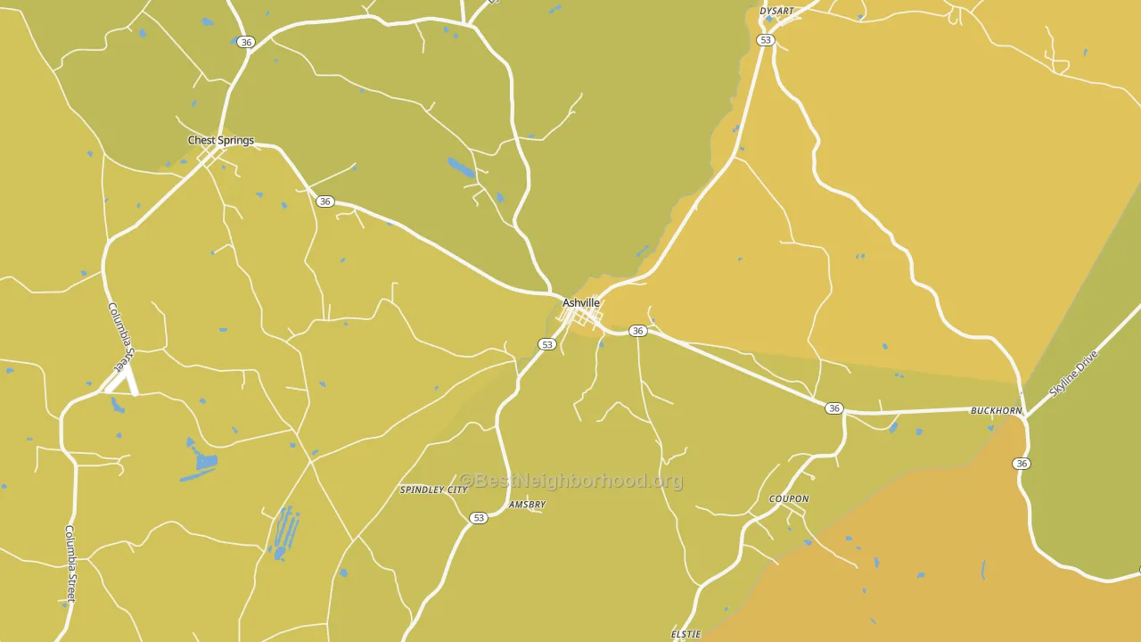 Map of the best neighborhoods in the Ashville area, with better matches in green and worse matches in red