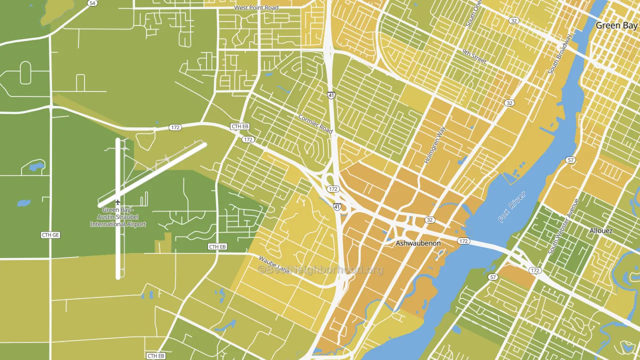 Map of the best neighborhoods in the Ashwaubenon area, with better matches in green and worse matches in red