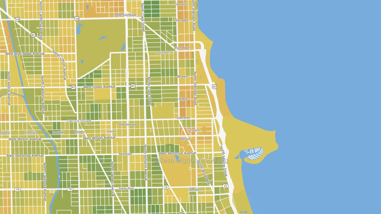 Map of the best neighborhoods in the Asia on Argyle, Chicago area, with better matches in green and worse matches in red