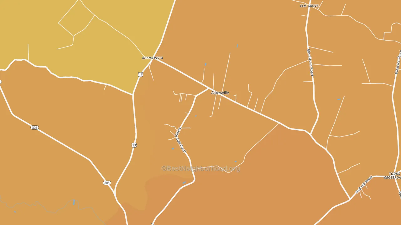 Map of the best neighborhoods in the Askewville area, with better matches in green and worse matches in red