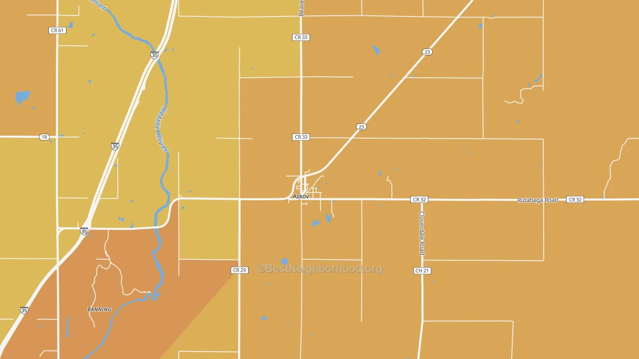 Map of the best neighborhoods in the Askov area, with better matches in green and worse matches in red