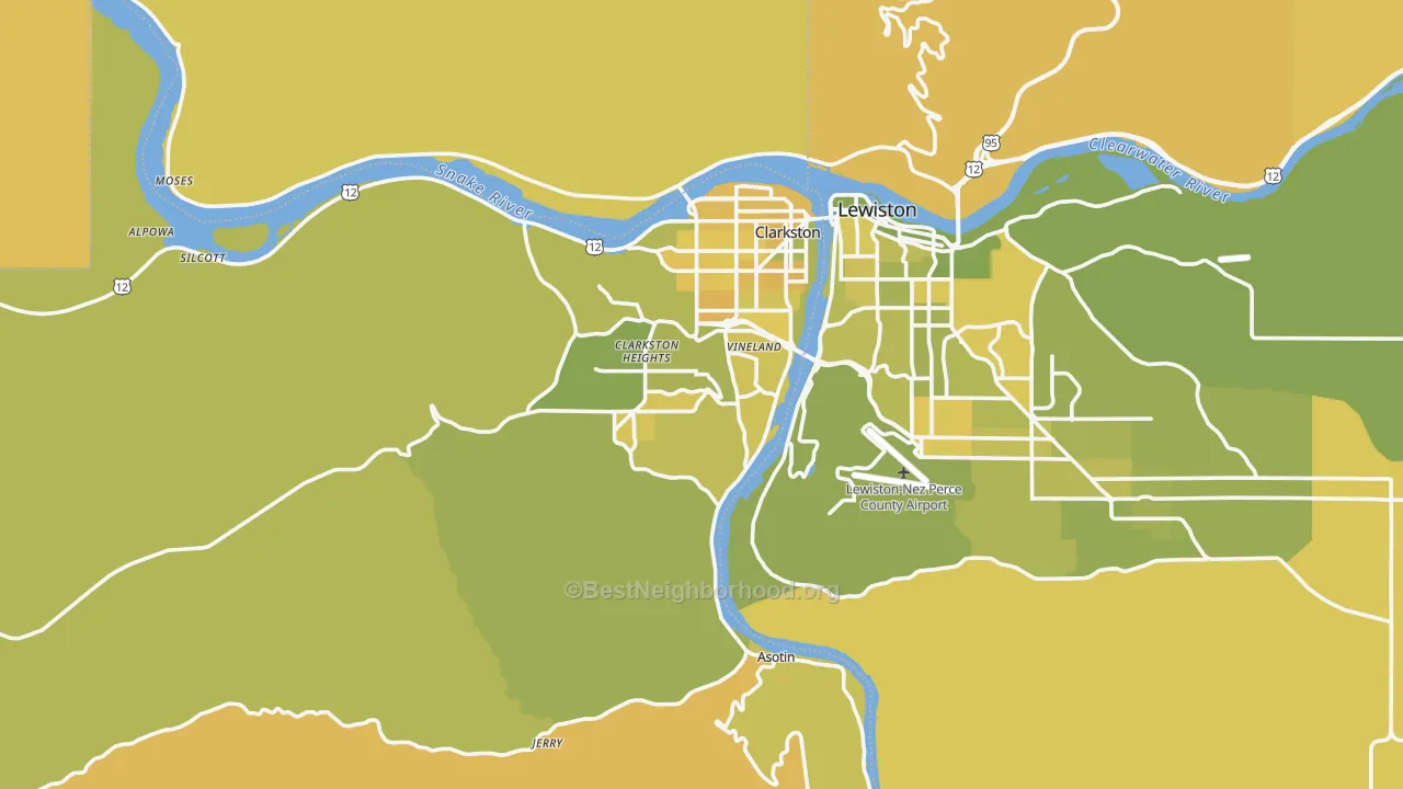 Map of the best neighborhoods in the Asotin County area, with better matches in green and worse matches in red