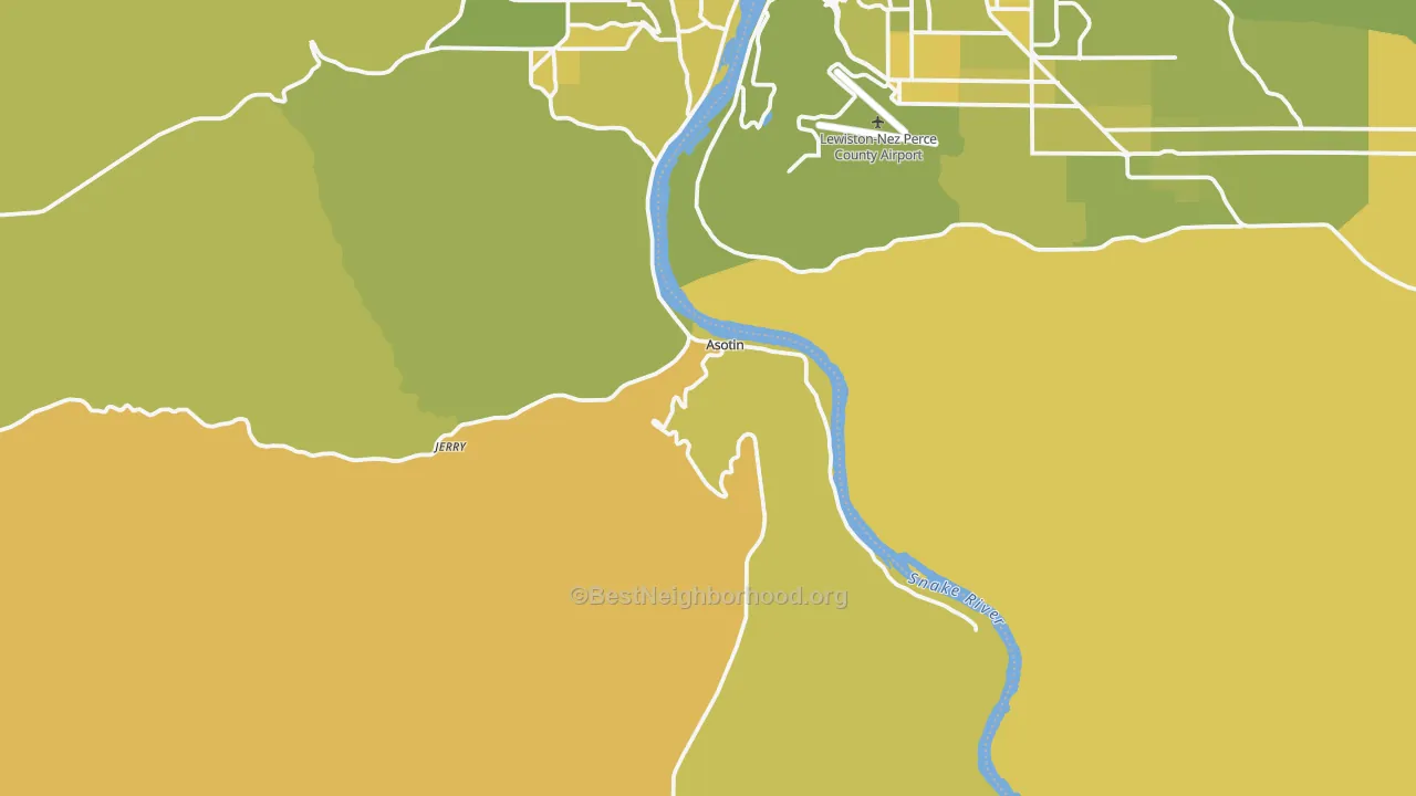 Map of the best neighborhoods in the Asotin area, with better matches in green and worse matches in red