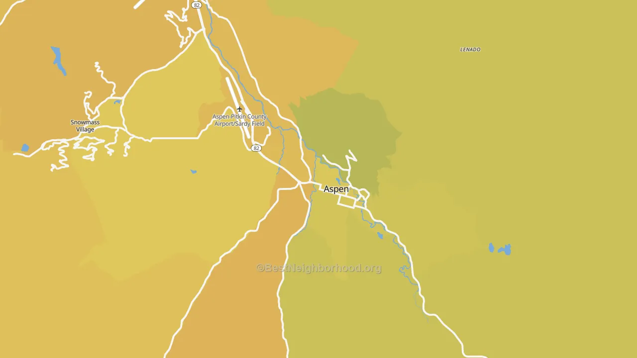 Map of the best neighborhoods in the Aspen area, with better matches in green and worse matches in red