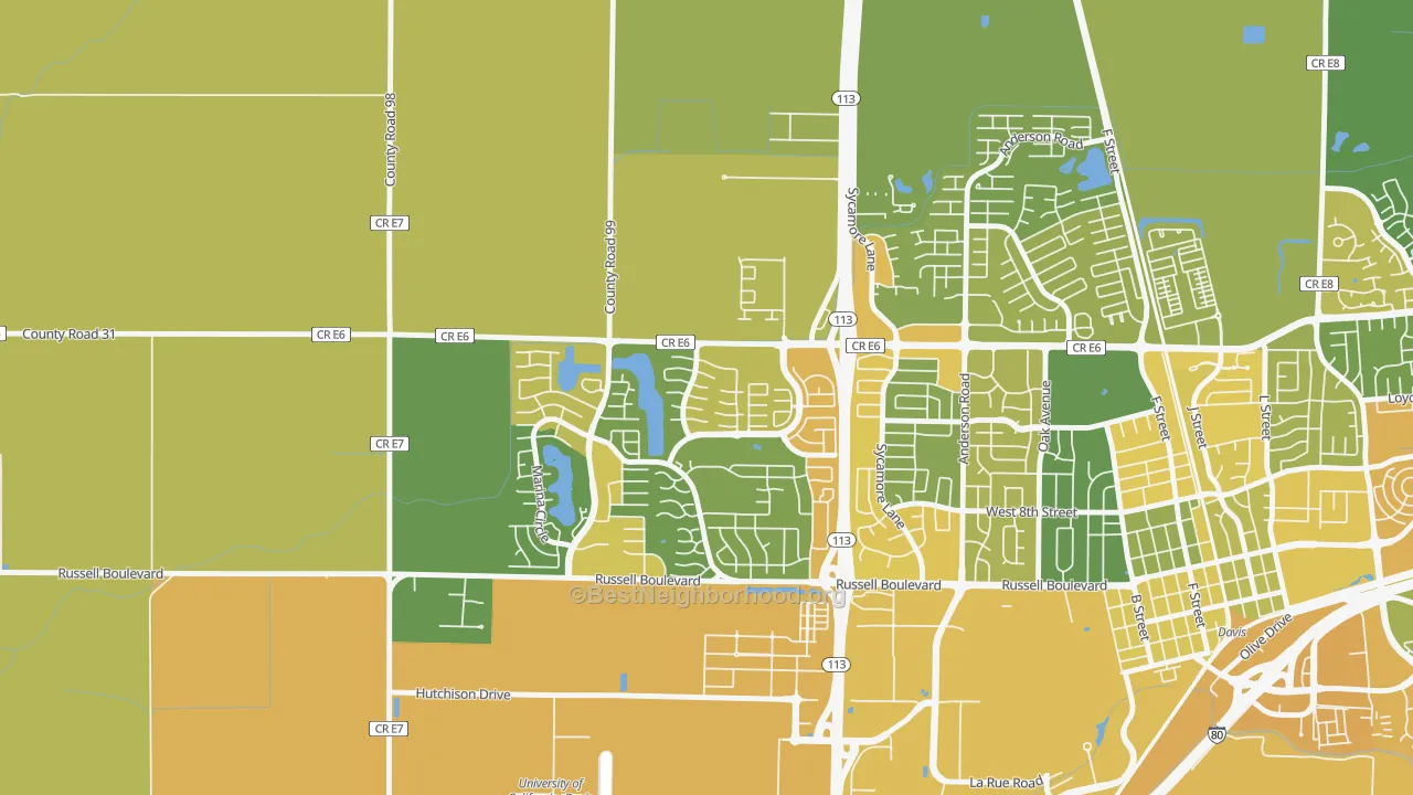 Map of the best neighborhoods in the Aspen, Davis area, with better matches in green and worse matches in red