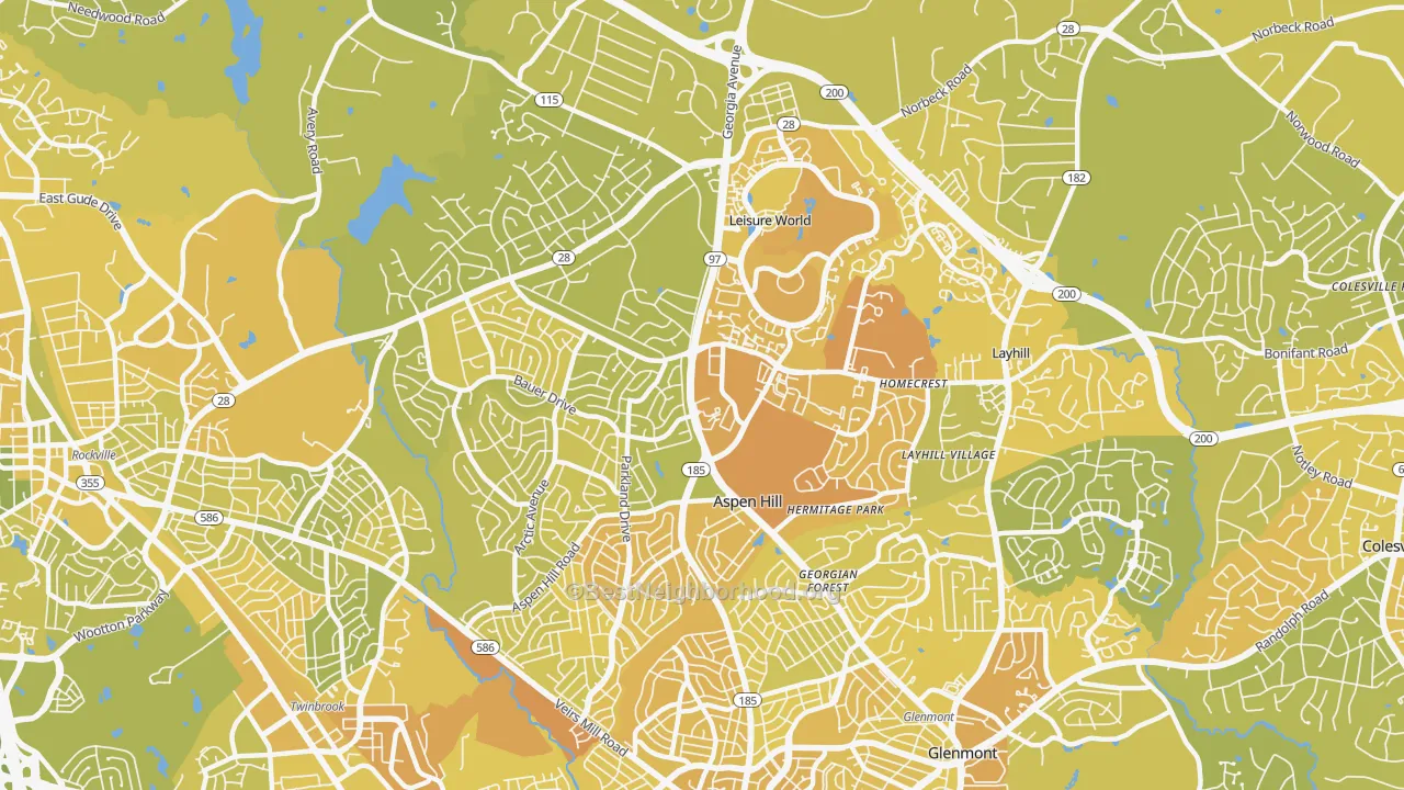 Map of the best neighborhoods in the Aspen Hill area, with better matches in green and worse matches in red