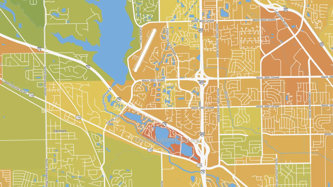 Map of the best neighborhoods in the Aspen Ridge, Indianapolis area, with better matches in green and worse matches in red