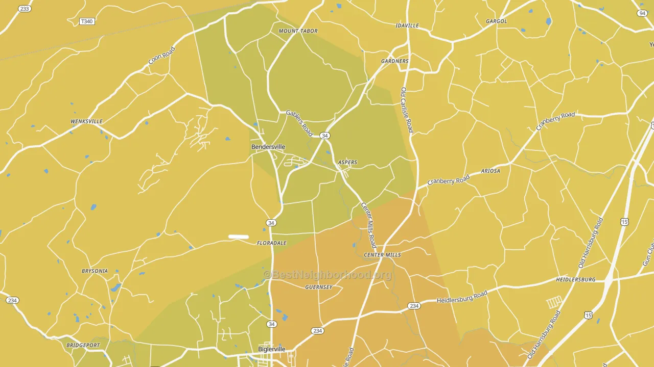 Map of the best neighborhoods in the Aspers area, with better matches in green and worse matches in red