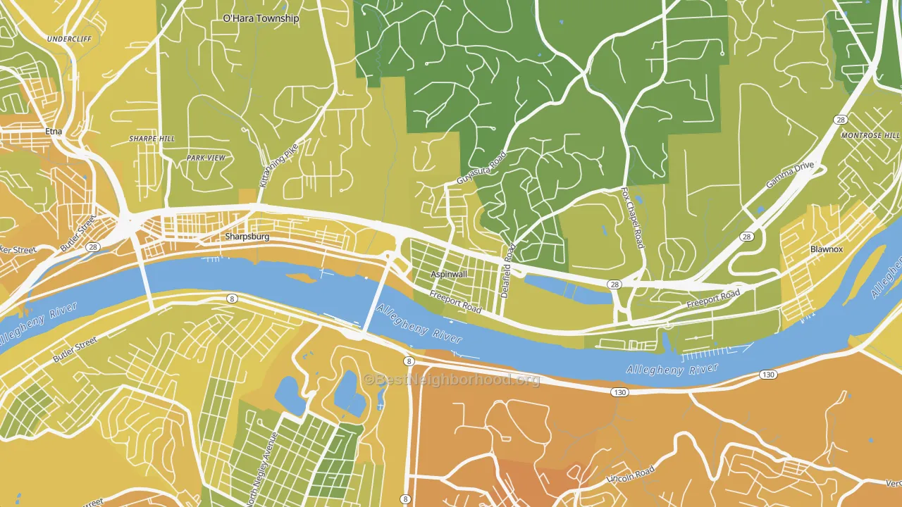 Map of the best neighborhoods in the Aspinwall area, with better matches in green and worse matches in red