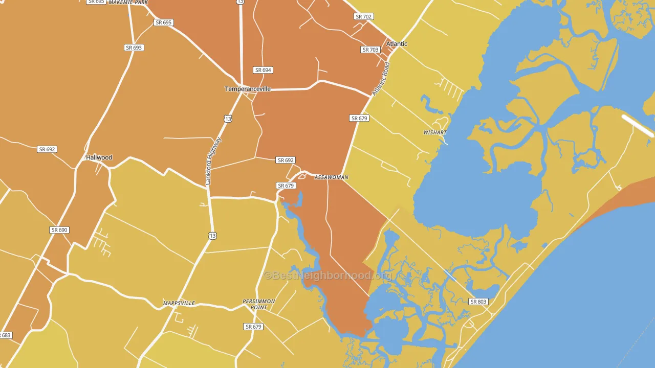 Map of the best neighborhoods in the Assawoman area, with better matches in green and worse matches in red