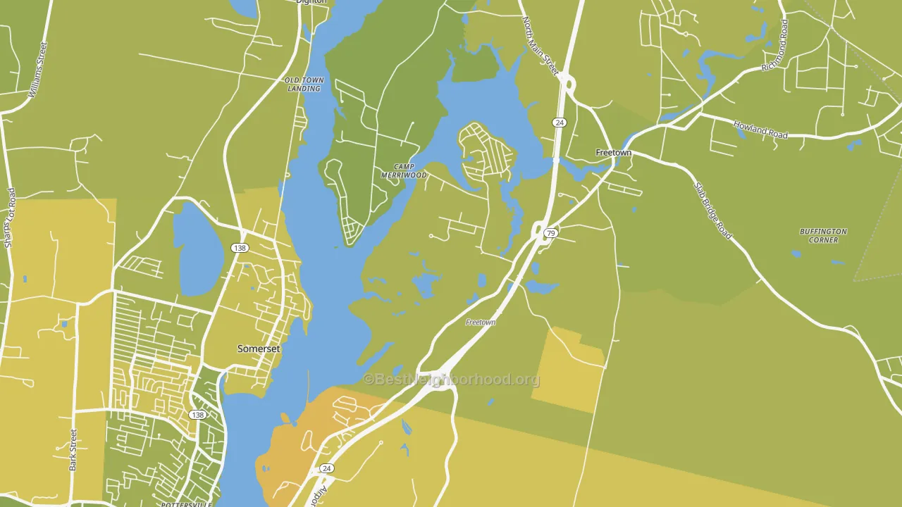 Map of the best neighborhoods in the Assonet Bay Shores area, with better matches in green and worse matches in red