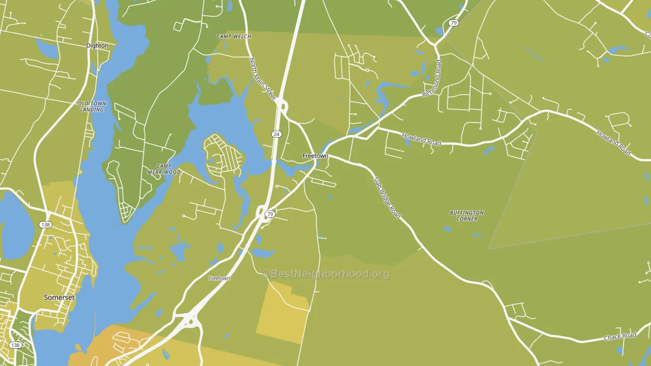 Map of the best neighborhoods in the Assonet area, with better matches in green and worse matches in red