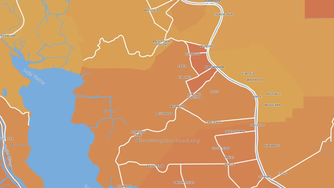 Map of the best neighborhoods in the Assumption Parish area, with better matches in green and worse matches in red