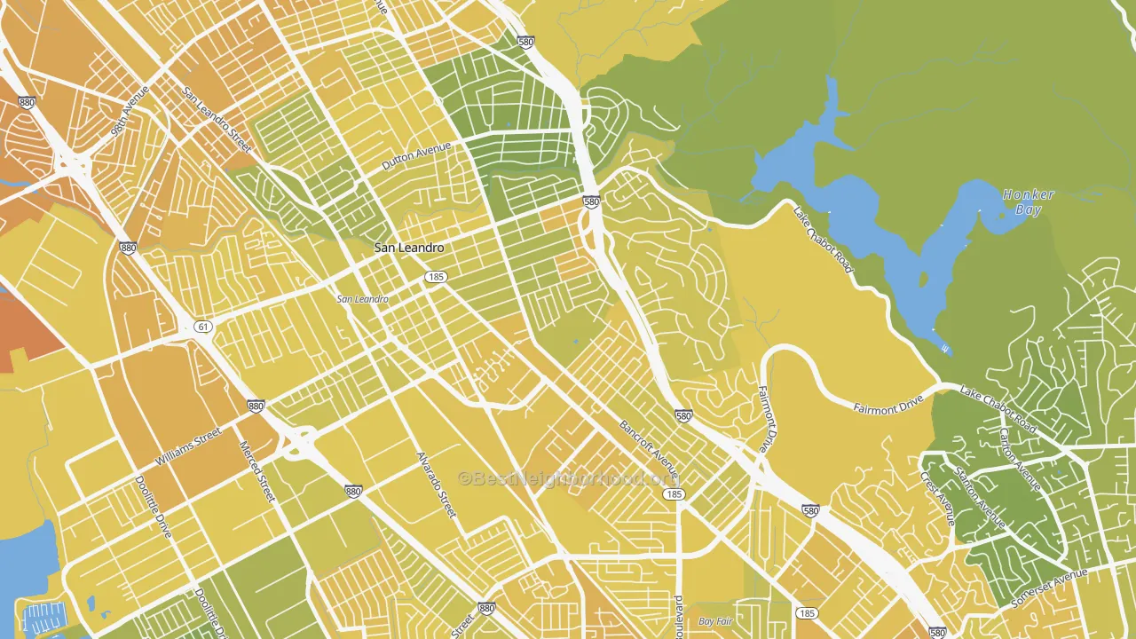 Map of the best neighborhoods in the Assumption Parish, San Leandro area, with better matches in green and worse matches in red