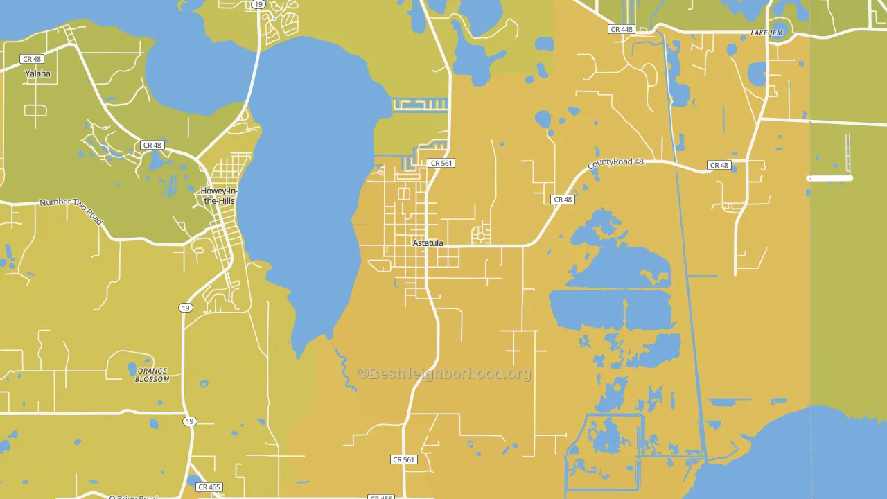 Map of the best neighborhoods in the Astatula area, with better matches in green and worse matches in red