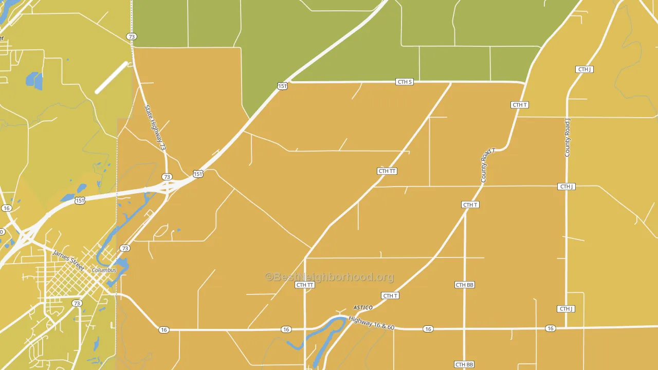 Map of the best neighborhoods in the Astico area, with better matches in green and worse matches in red