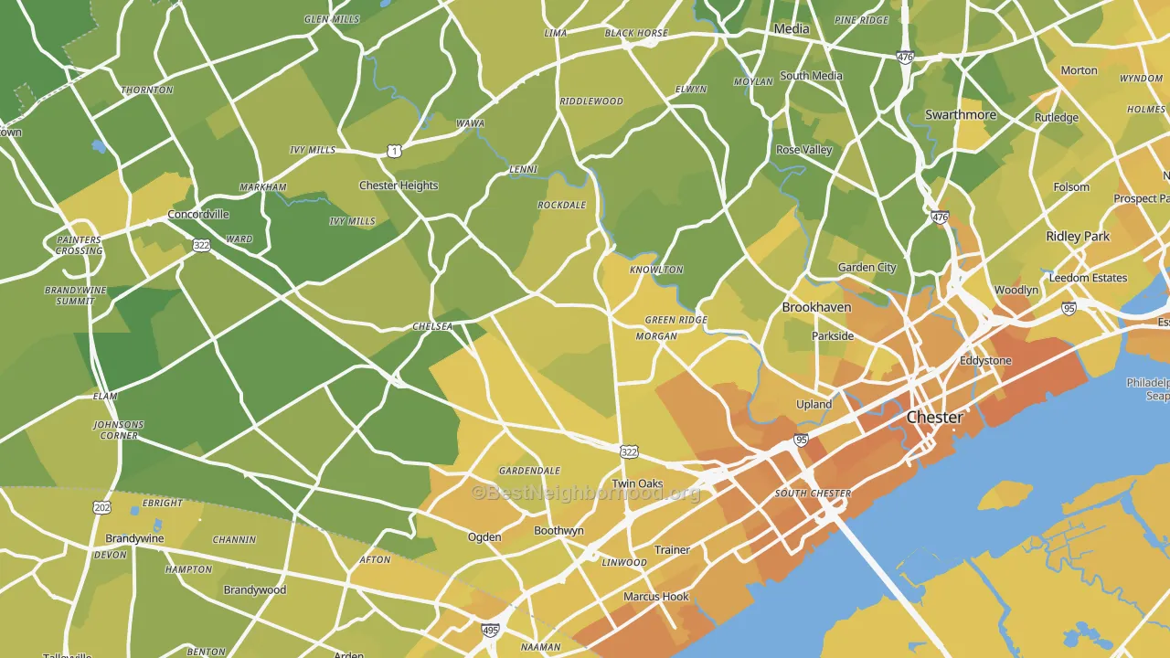 Map of the best neighborhoods in the Aston area, with better matches in green and worse matches in red