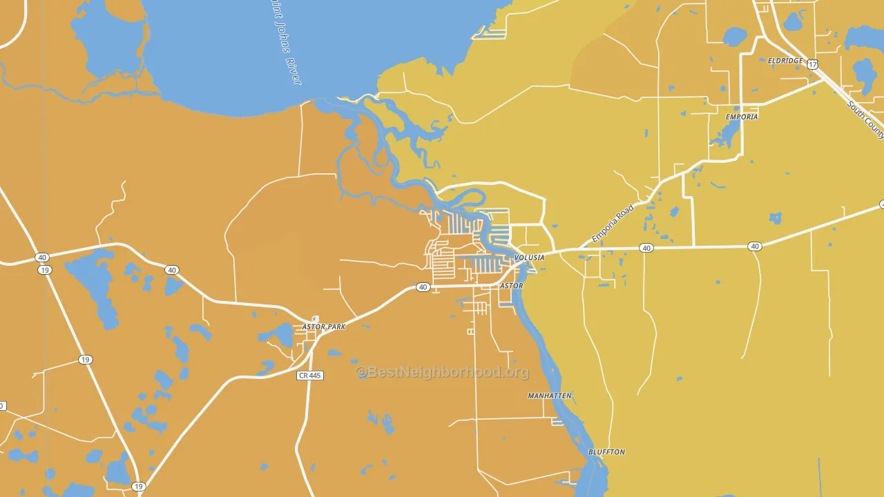 Map of the best neighborhoods in the Astor area, with better matches in green and worse matches in red