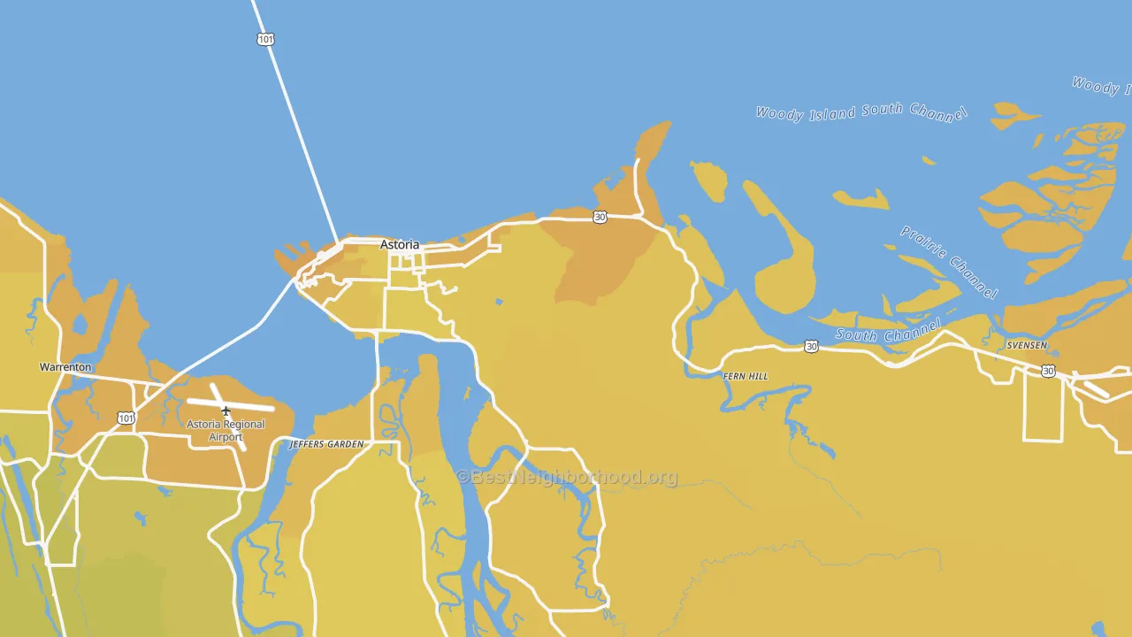 Map of the best neighborhoods in the Astoria area, with better matches in green and worse matches in red