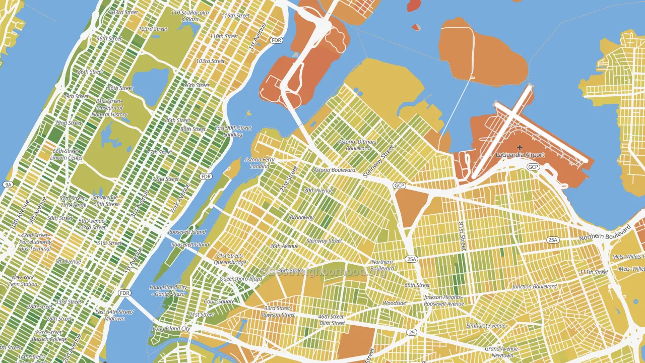 Map of the best neighborhoods in the Astoria, Queens area, with better matches in green and worse matches in red
