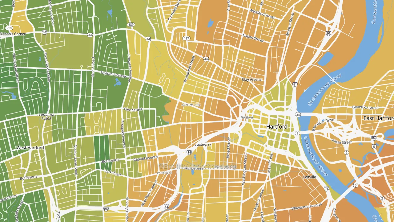 Map of the best neighborhoods in the Asylum Hill, Hartford area, with better matches in green and worse matches in red