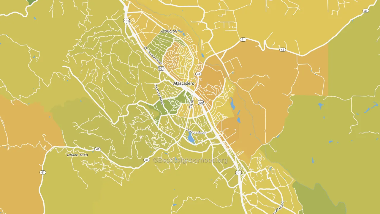 Map of the best neighborhoods in the Atascadero area, with better matches in green and worse matches in red