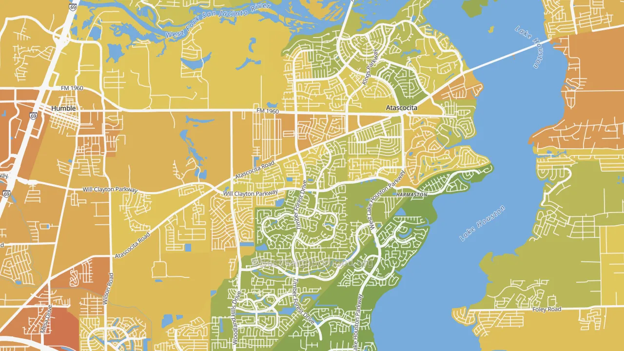 Map of the best neighborhoods in the Atascocita area, with better matches in green and worse matches in red