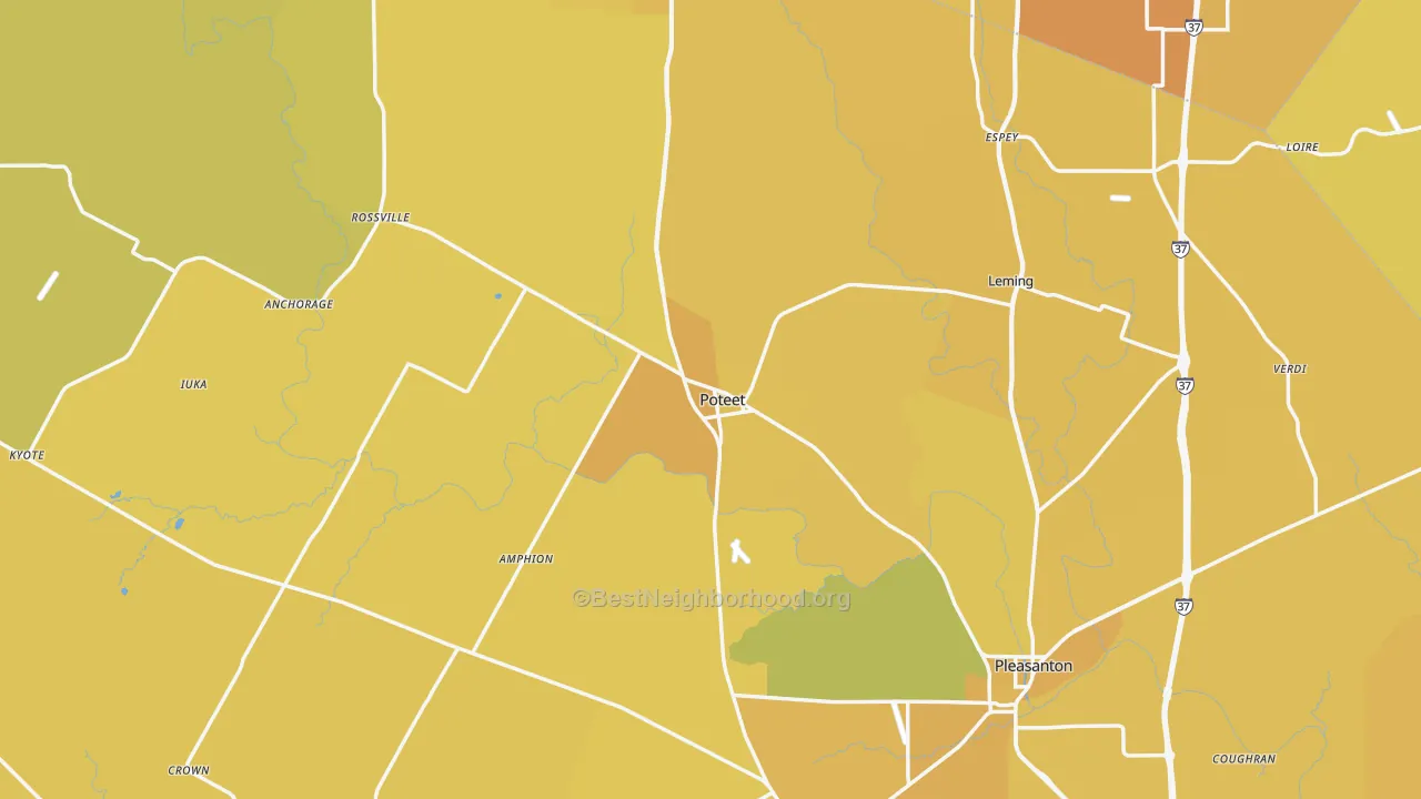 Map of the best neighborhoods in the Atascosa County area, with better matches in green and worse matches in red
