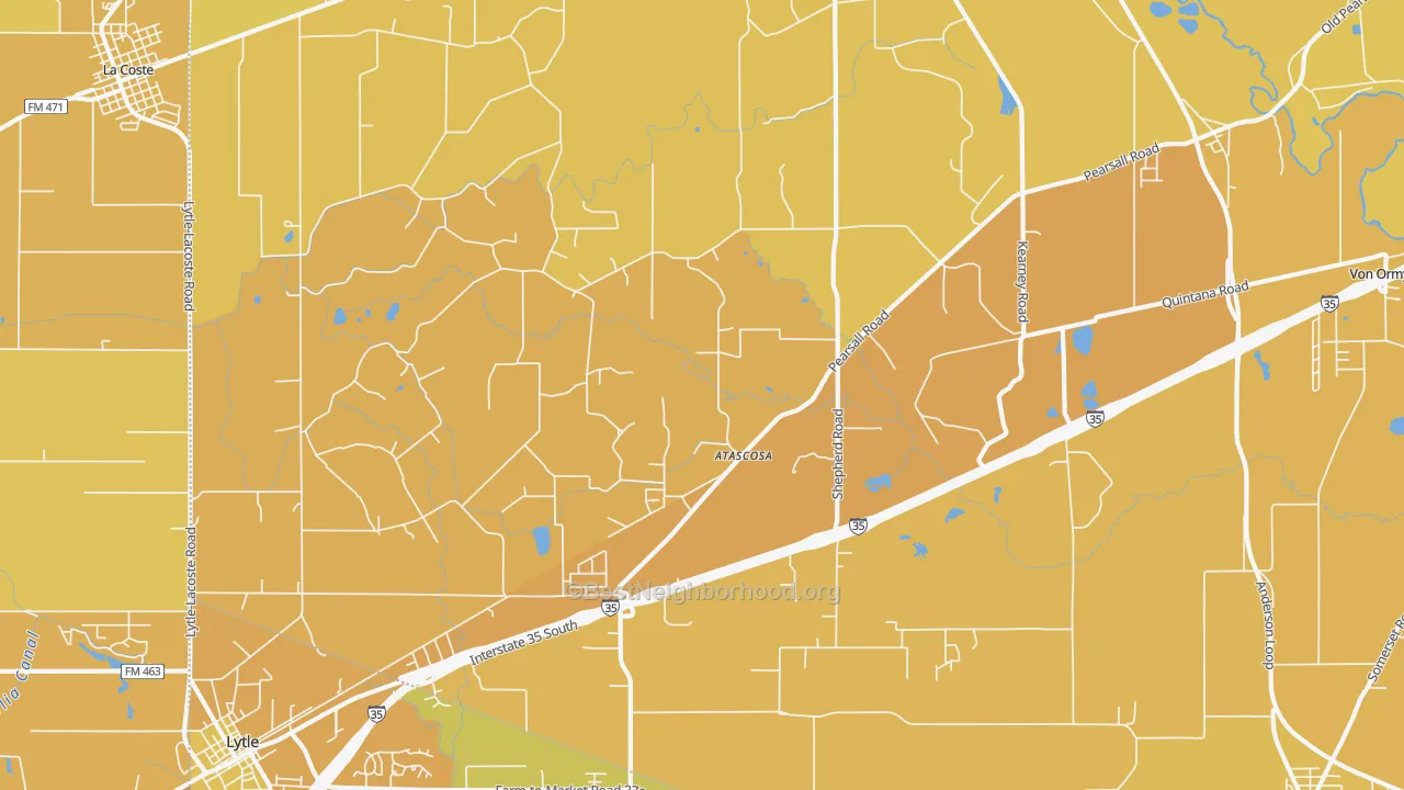 Map of the best neighborhoods in the Atascosa area, with better matches in green and worse matches in red