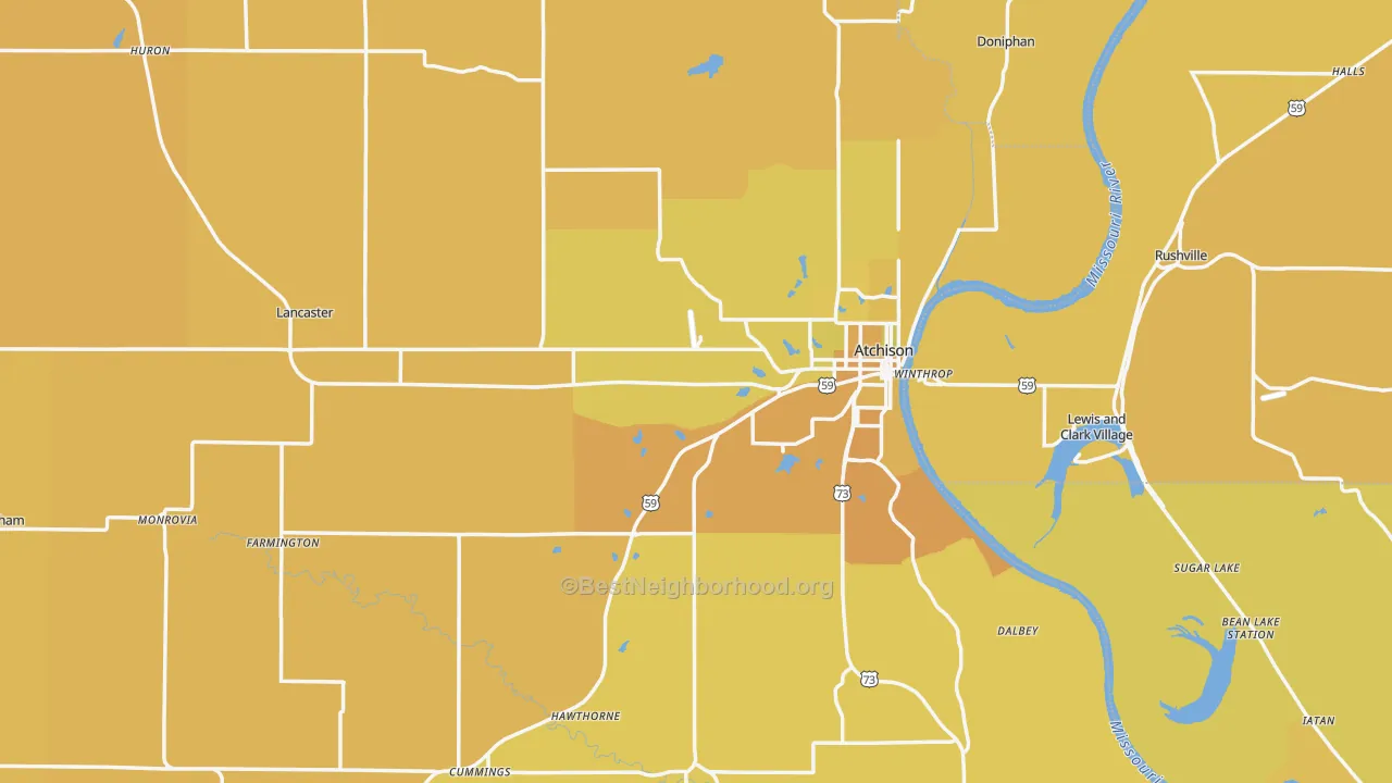 Map of the best neighborhoods in the Atchison County area, with better matches in green and worse matches in red