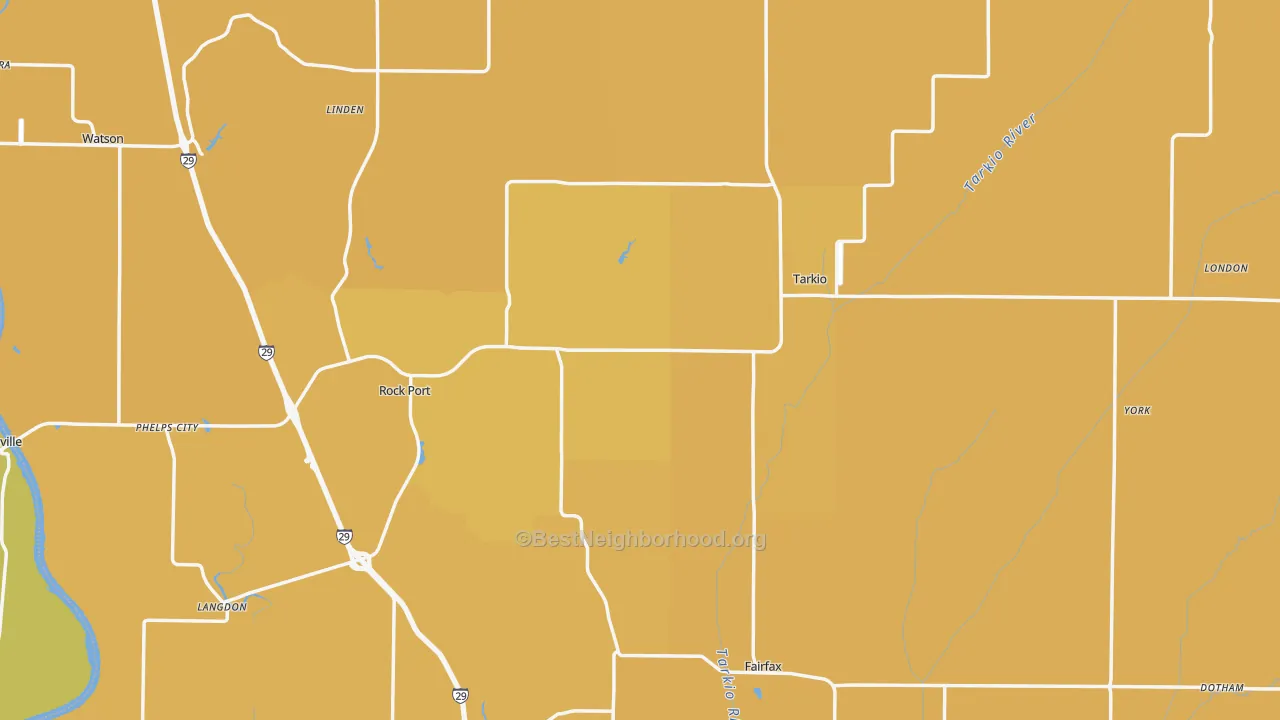 Map of the best neighborhoods in the Atchison County area, with better matches in green and worse matches in red