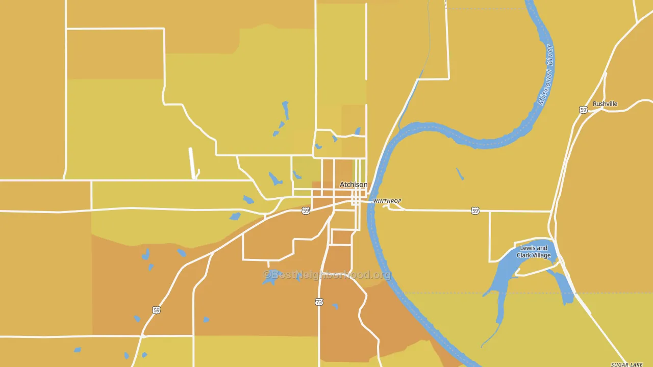 Map of the best neighborhoods in the Atchison area, with better matches in green and worse matches in red