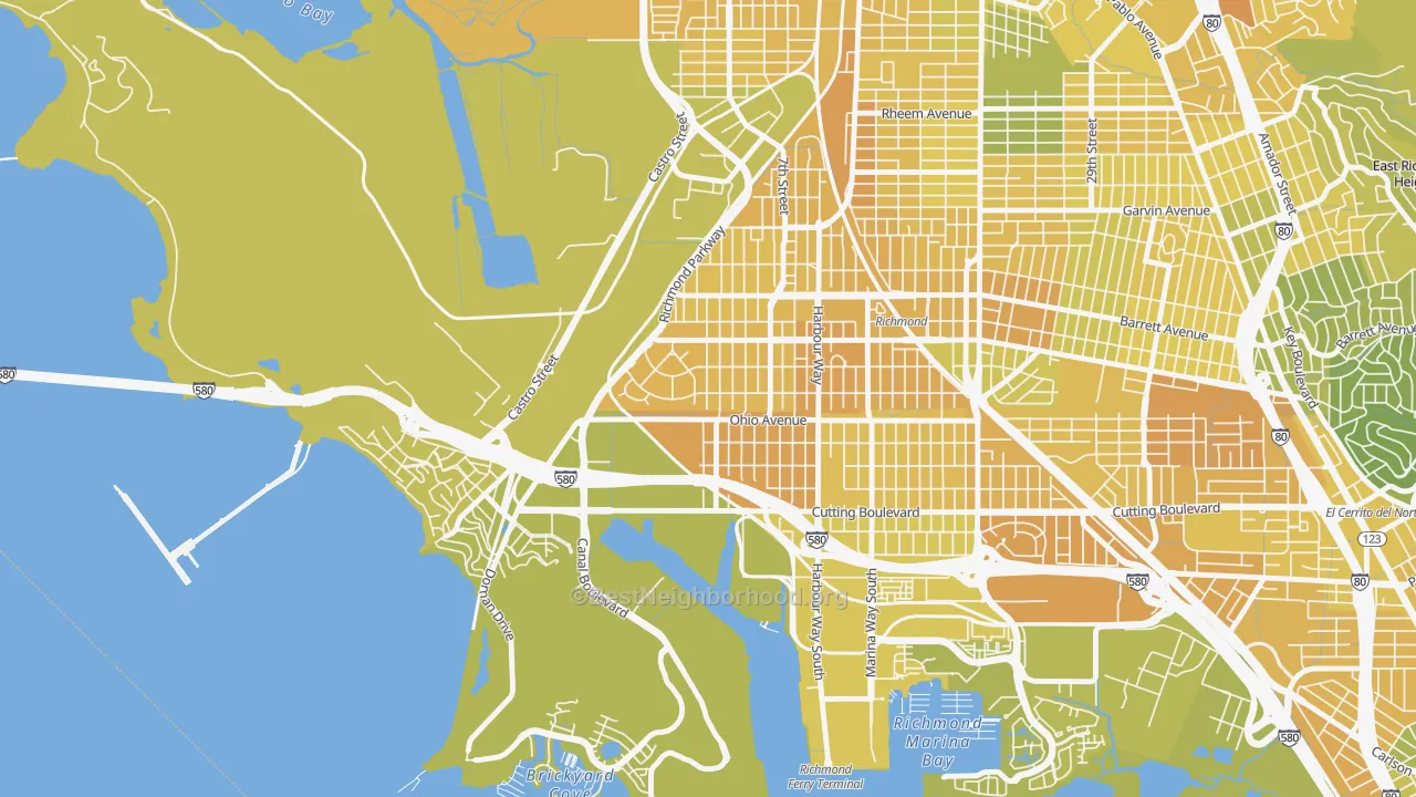 Map of the best neighborhoods in the Atchison Woods, Richmond area, with better matches in green and worse matches in red
