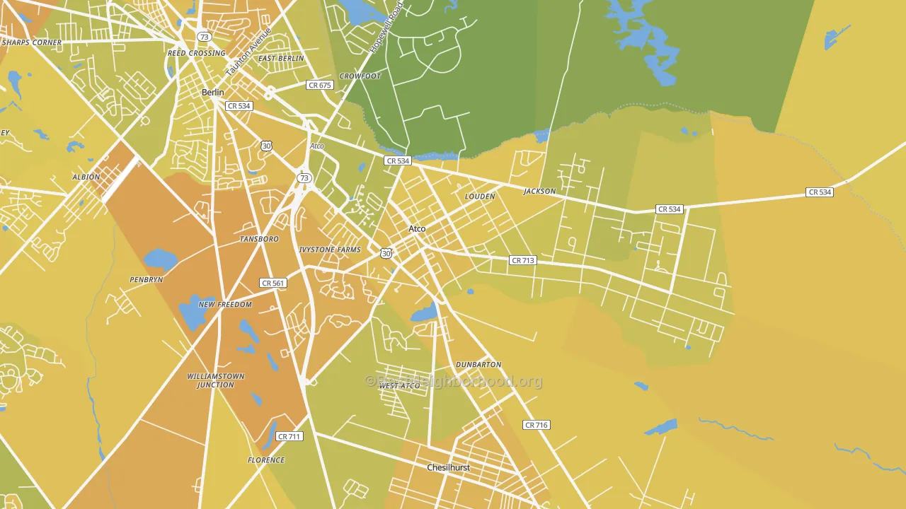 Map of the best neighborhoods in the Atco area, with better matches in green and worse matches in red