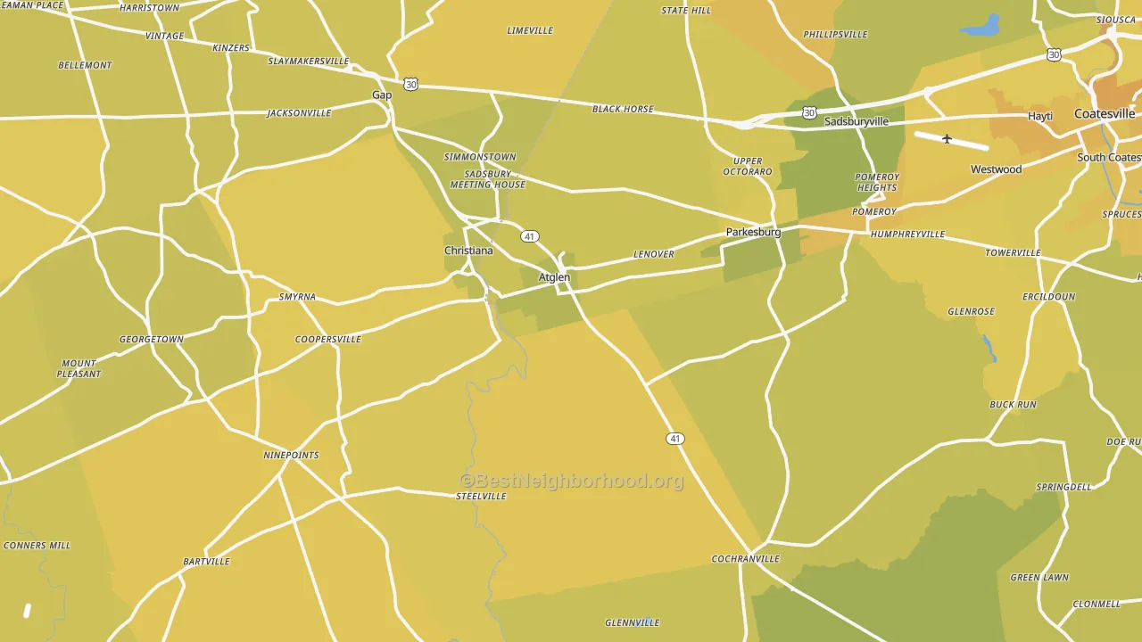 Map of the best neighborhoods in the Atglen area, with better matches in green and worse matches in red