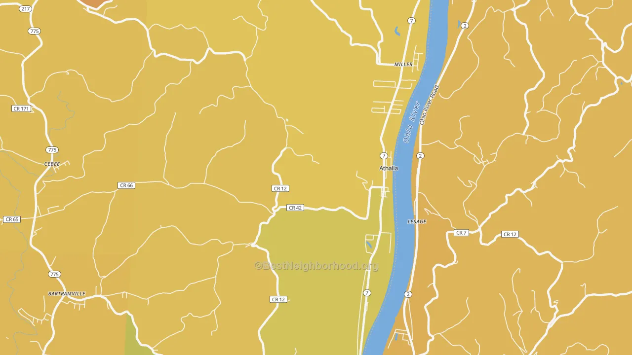 Map of the best neighborhoods in the Athalia area, with better matches in green and worse matches in red